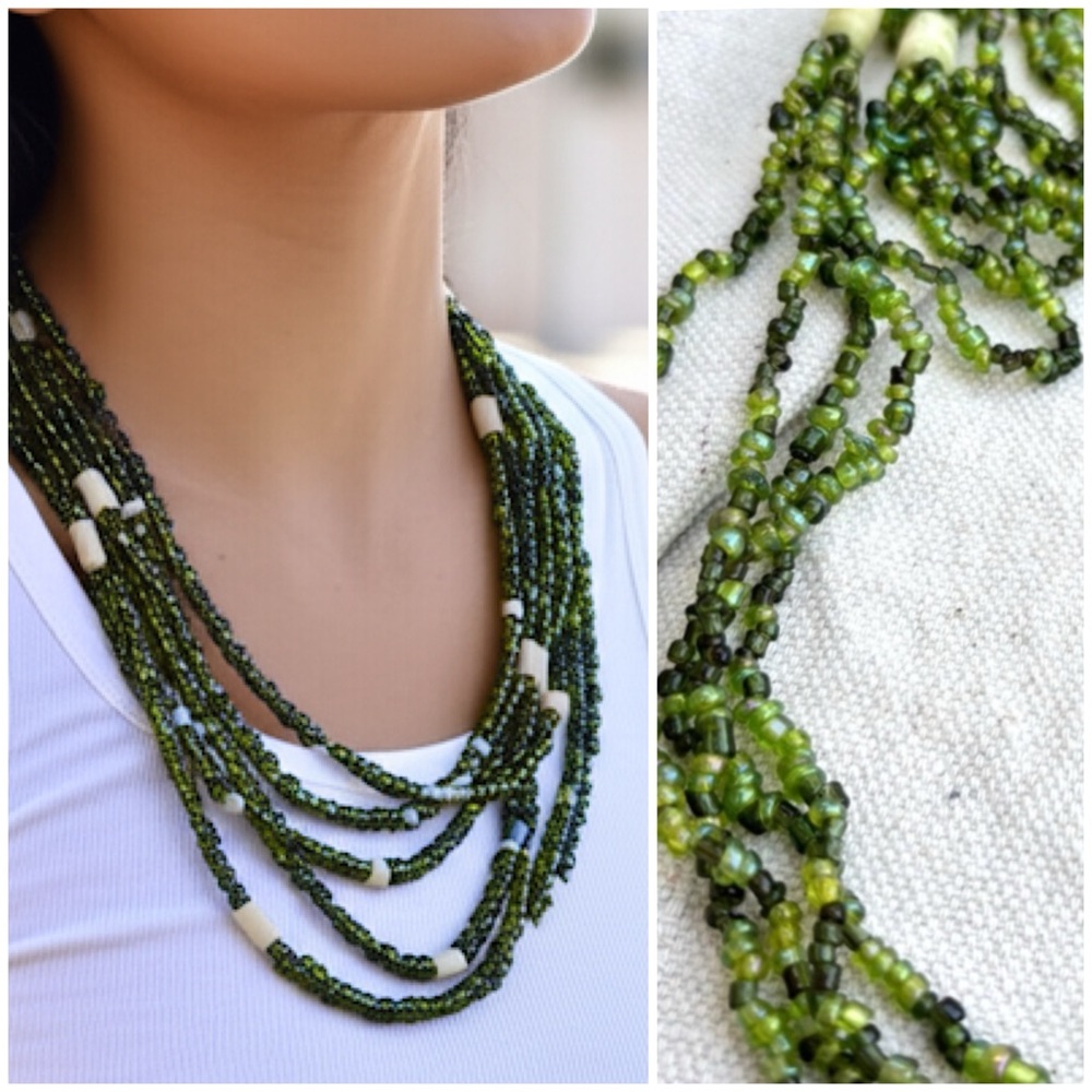 Bohemian Multi Strand Micro Art Glass Bead Torsade Green Statement Necklace‎